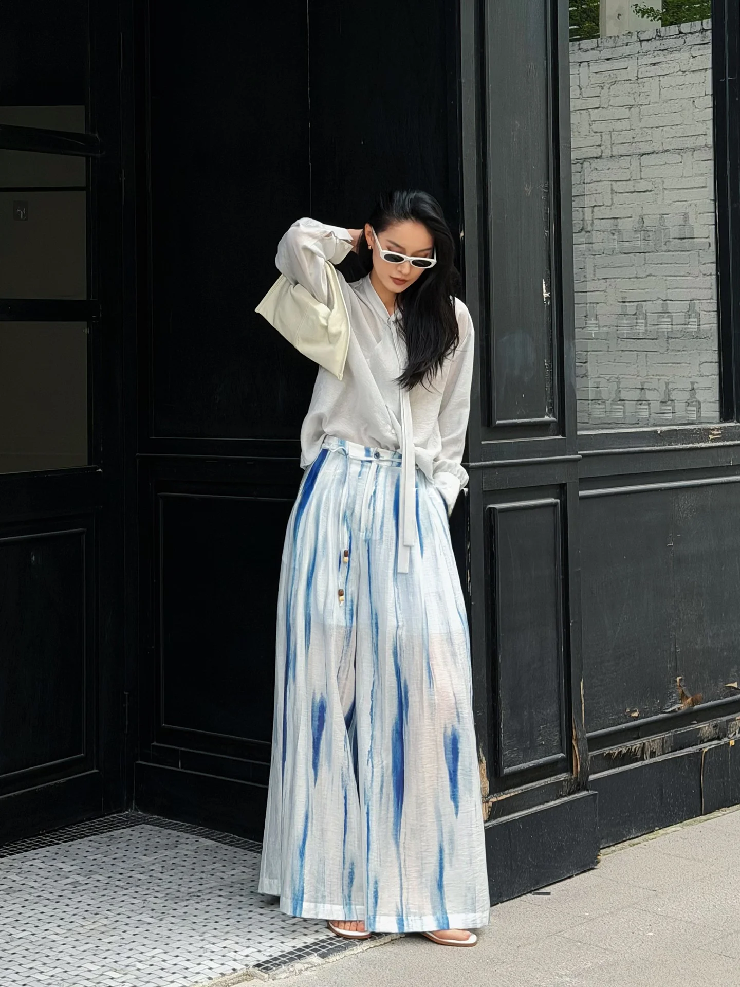 

Брюки-юбка Jieji Zhang Qi Water-Media Blue Shadow: Элегантные, свободные, широкие, струящиеся, для весны и лета, повседневные, универсальные, женские