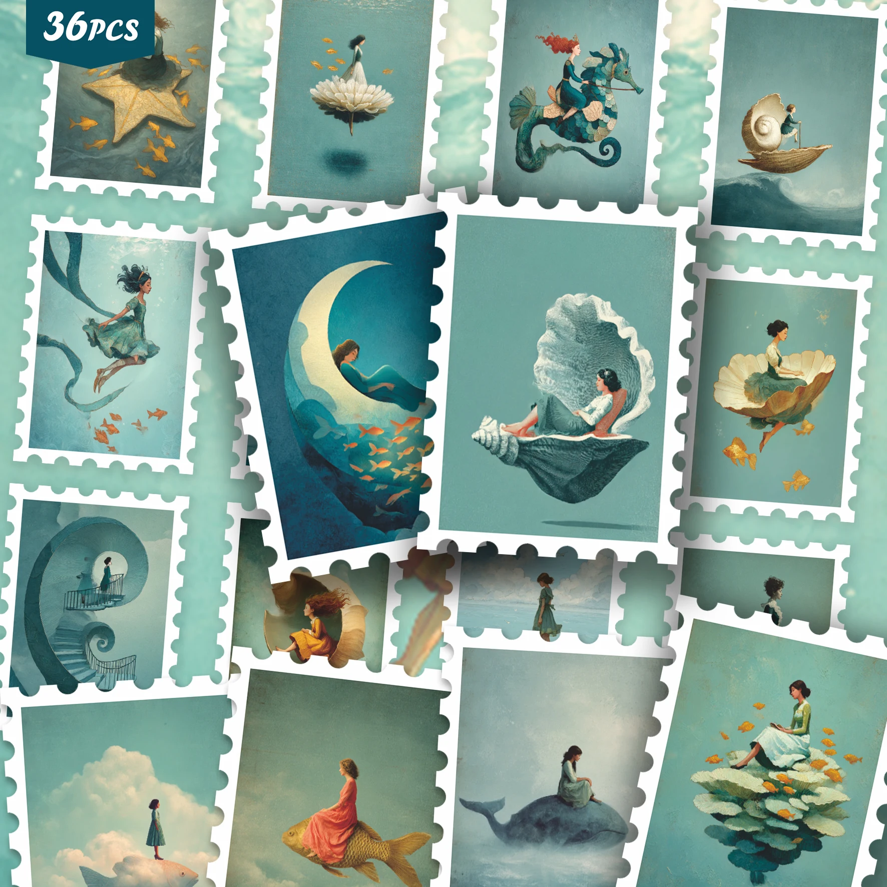 36PCS Vintage Oceanic Fantasy Stickers, Retro Mermaid & Dreamy Aesthetic Cutout Sticker Set for Journals, Scrapbook, Planner & C