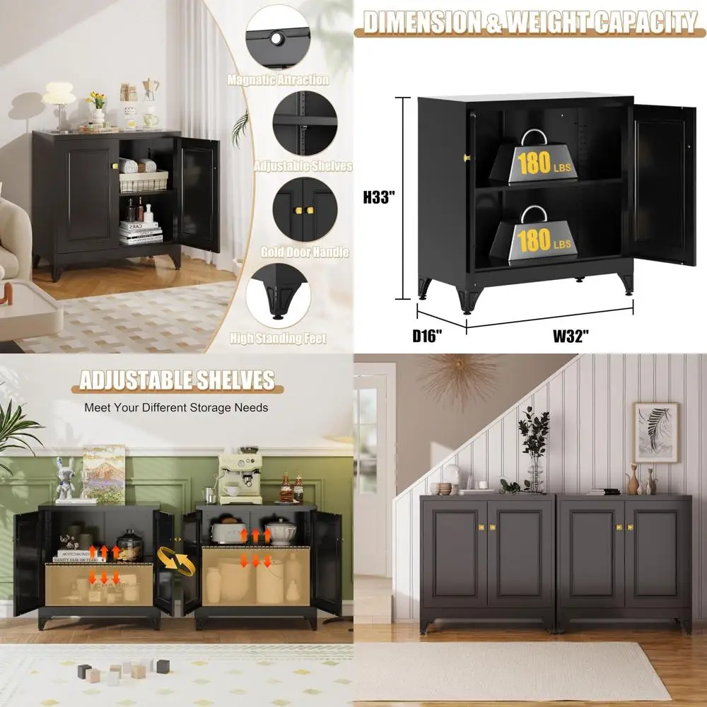 

33 Tall Metal Sideboard Cabinet with 2 Doors, Black Storage Pantry for Kitchen, Living Room, and Office