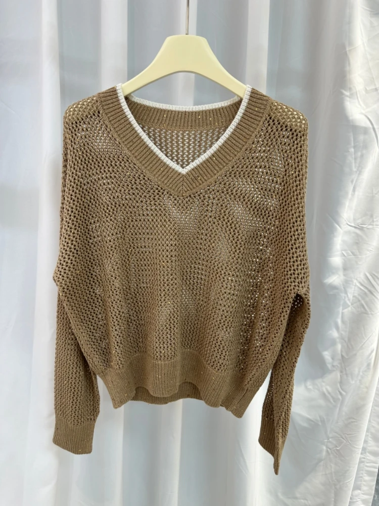 24 Spring Summer New B/C Silk Linen Cotton Hollow Mesh V-Neck Knit Sweater Loose Casual Tops Women