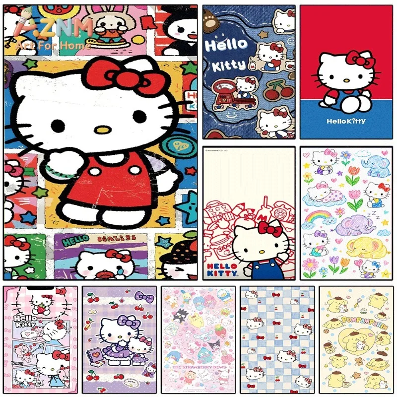 Sanrio Hello Kitty Vintage Collage Canvas Wall Print No Frame Retro Cartoon Cat Poster Colorful Patchwork Design Girls Bedroom