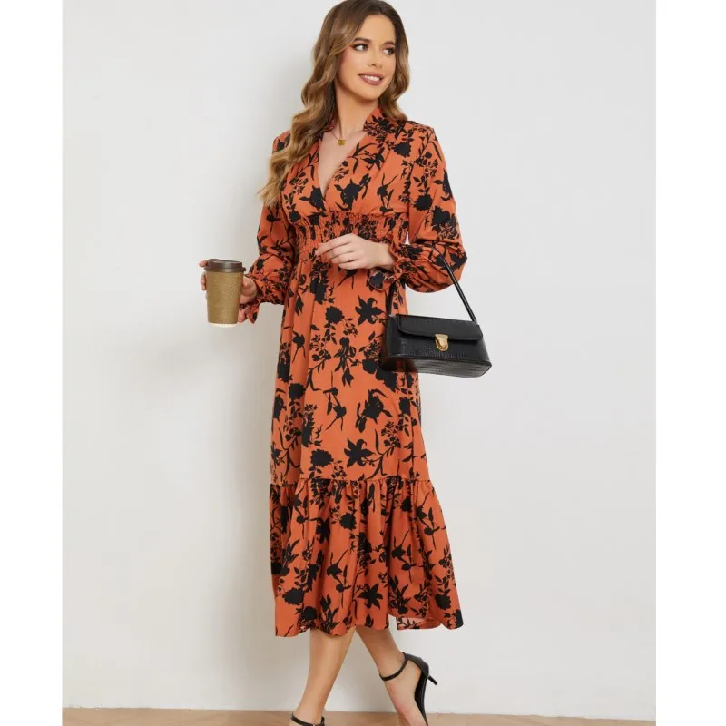 Laranja novo outono vestido longo para mulher 2024 v colarinho pulôver lanterna mangas a linha floral impressão elegante vestido das senhoras