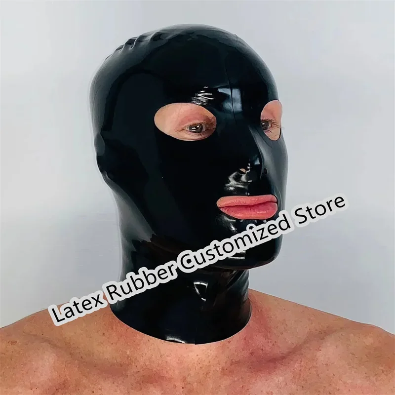 Black Latex Hood หน้ากากยาง Handmade คอสเพลย์เปิดตาปากด้านหลังซิปชุดคอสเพลย์