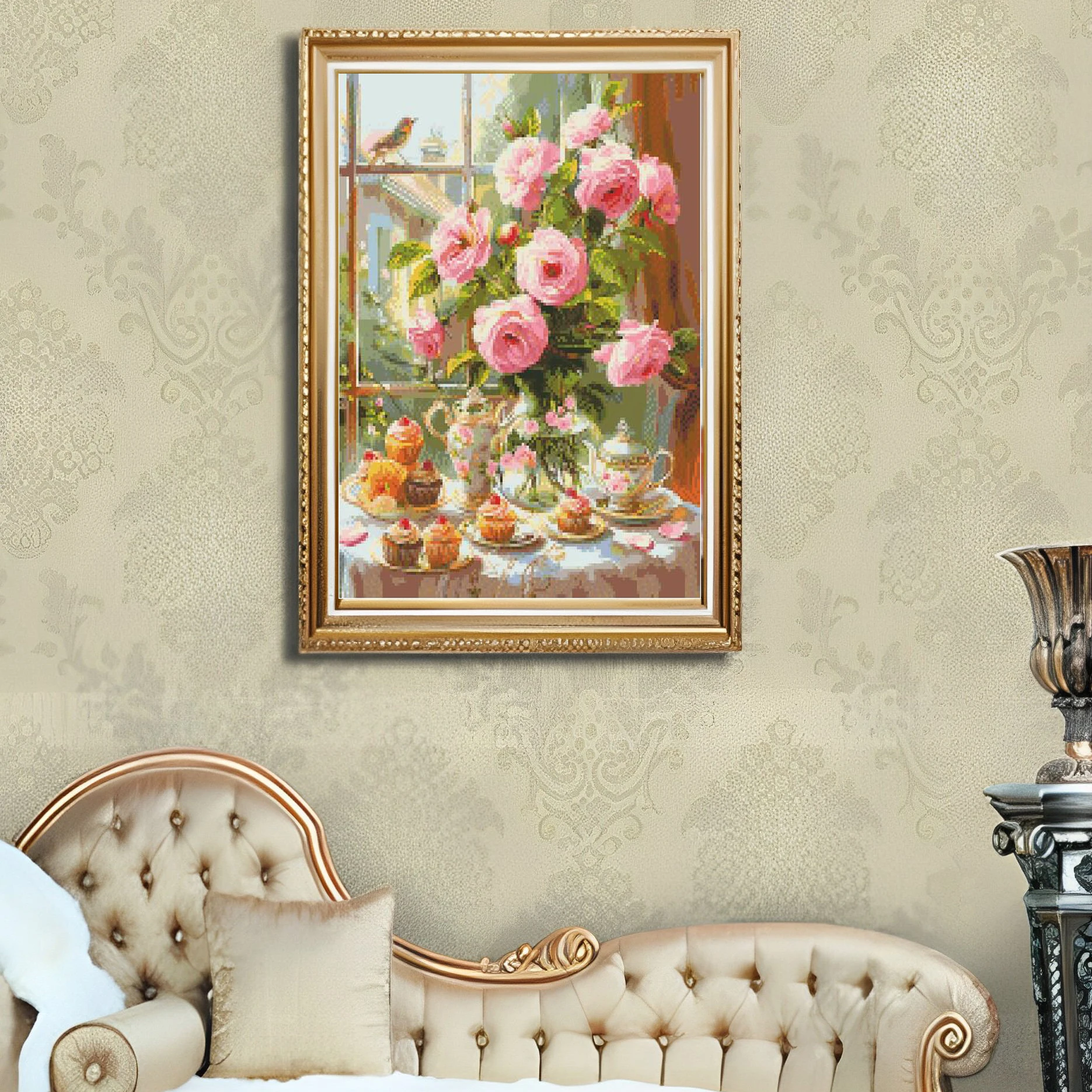 Cross Stitch Embroidery Kit Roses On The Windowsill Thread Drawing DIY Needlework Kit Decorate Printed on Canvas 11CT