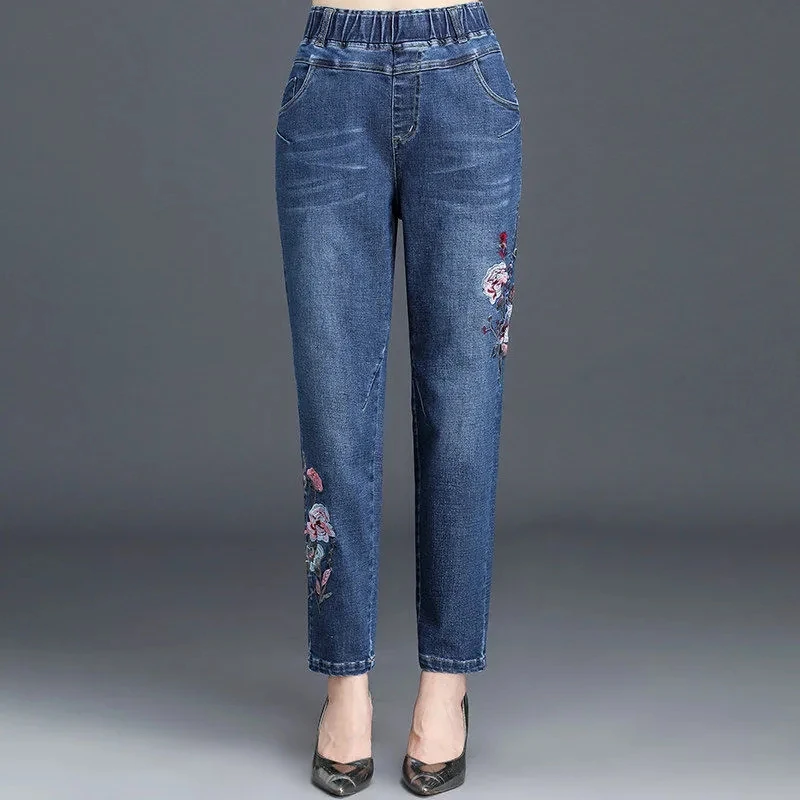 Calças de brim bordadas femininas elásticas de cintura alta haren calças de meia-idade femal denim femme calças de brim soltas novo