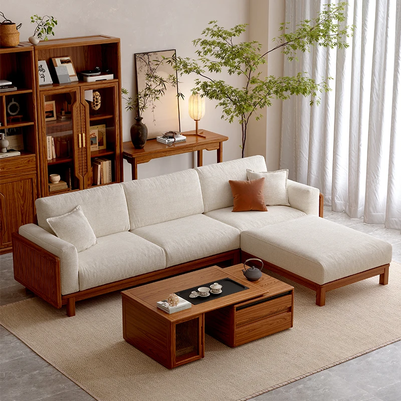 

New Chinese solid wood sofa household living room old elm zen winter and summer dual-purpose straight row three-person