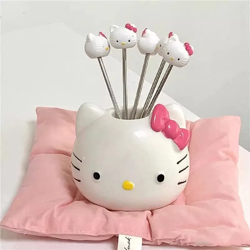 

Hello Kitty Fruit Forks Set Cute Stainless Steel Snack Picks for Parties Aesthetic Dessert Forks Trendy KT Cat Design Household