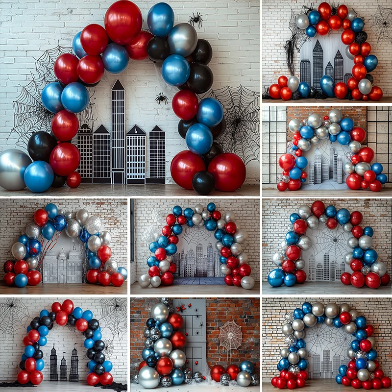 

LS Photography Background Red Blue Arch Balloons City Hero Theme Birthday Decor Cake Smash Kids Portrait Photo Backdrop Studio