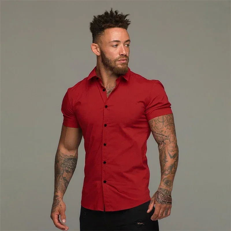 

Summer Fashion Short Sleeve Shirt Men Solid Super Slim Fit Male Social Business Dress Shirt Brand Men Gym Fitness Sport Clothing