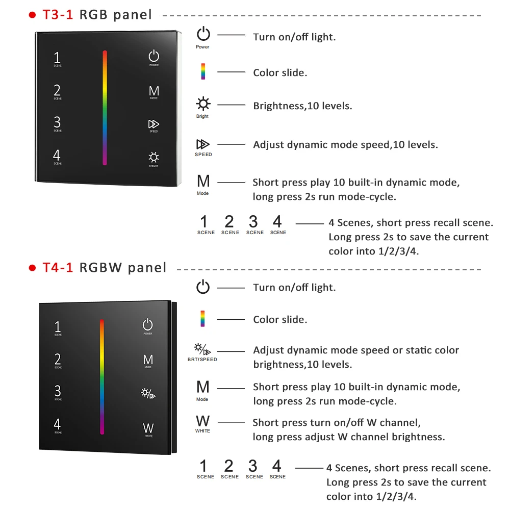 RGBW RGB LED Controller 24V DC 12 volt Dimmer Single Color Touch Panel Dual White Glass CCT 2.4G telecomando per striscia LED