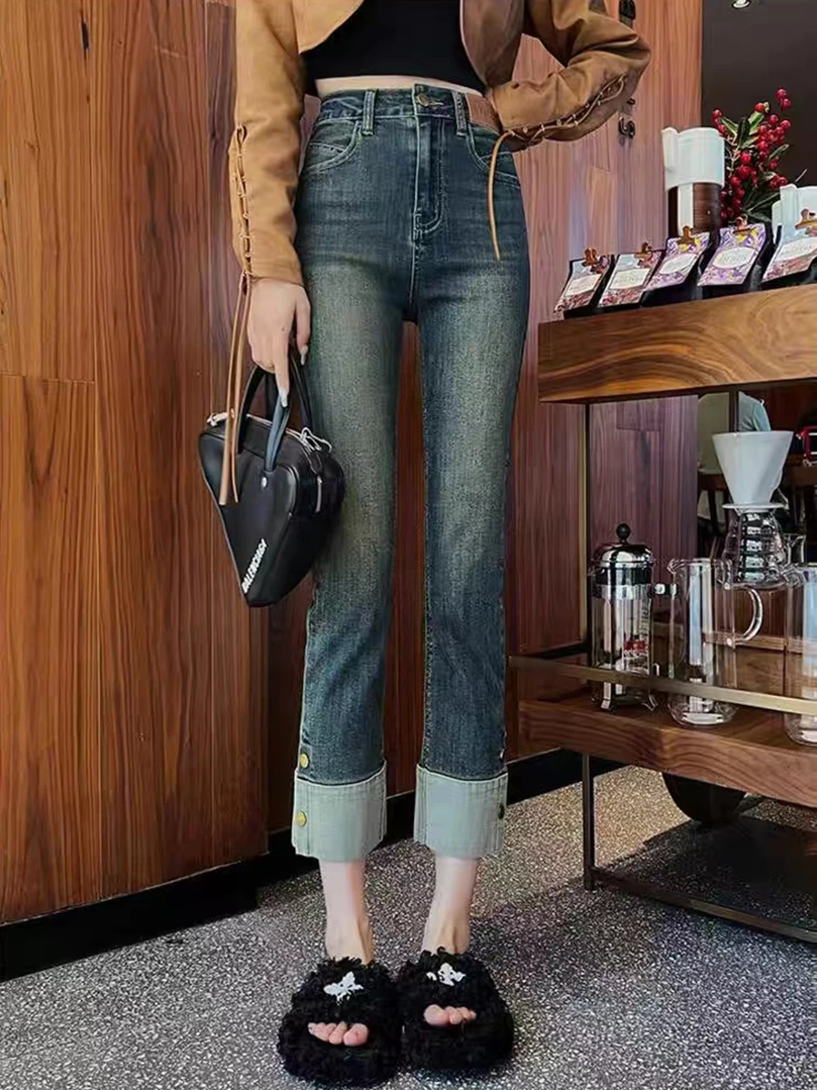 

Джинсы женские прямые с высокой талией больших размеров, весна-осень, стрейч-деним, ретро, повседневные, облегающие, зауженные, с манжетами