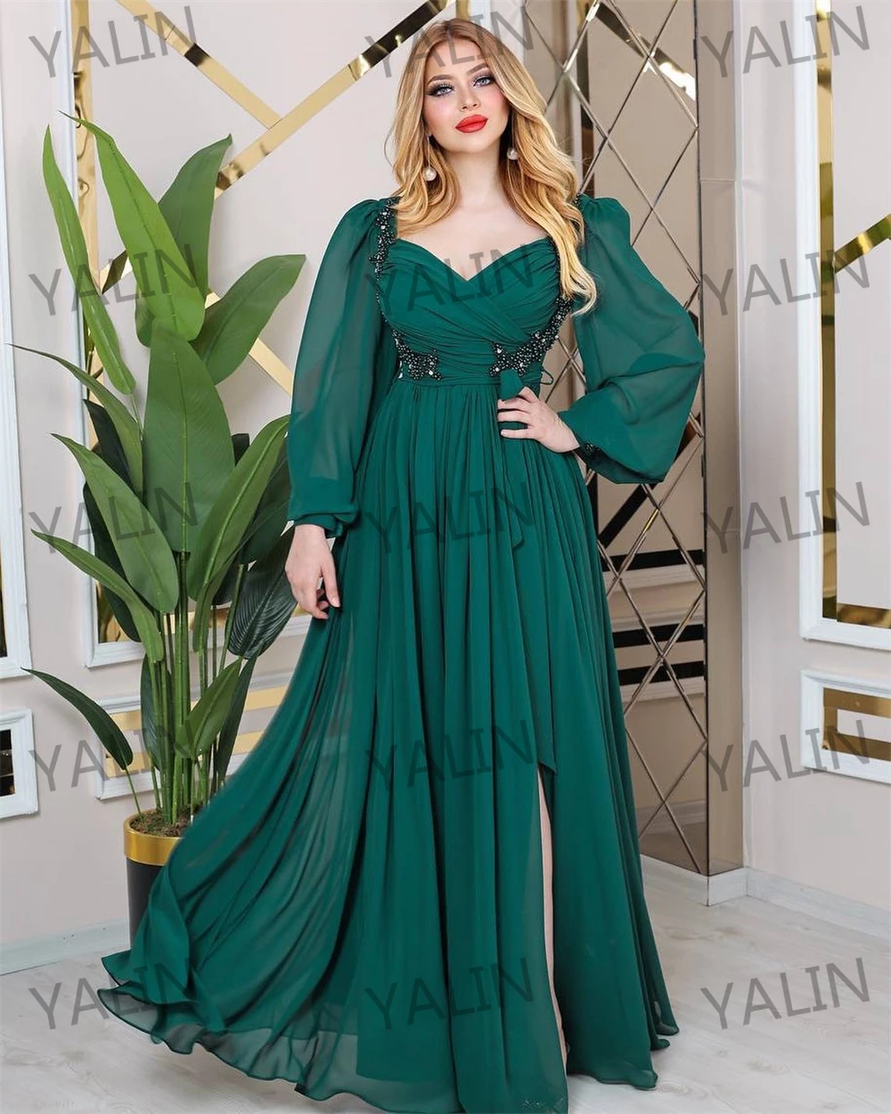 CustomizedLong Sleeve A-line Illusion Sweetheart Neck Prom Gown Chiffon Lace High Slit Pleat Evening Dresses for Women فساتين ال