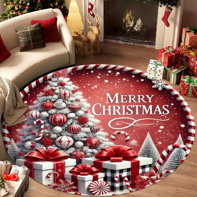 Christmas Tree Gift Round Rug,Merry Christmas Candy Cane Printed Circular Floor Carpet,Holiday Indoor Home Decoration