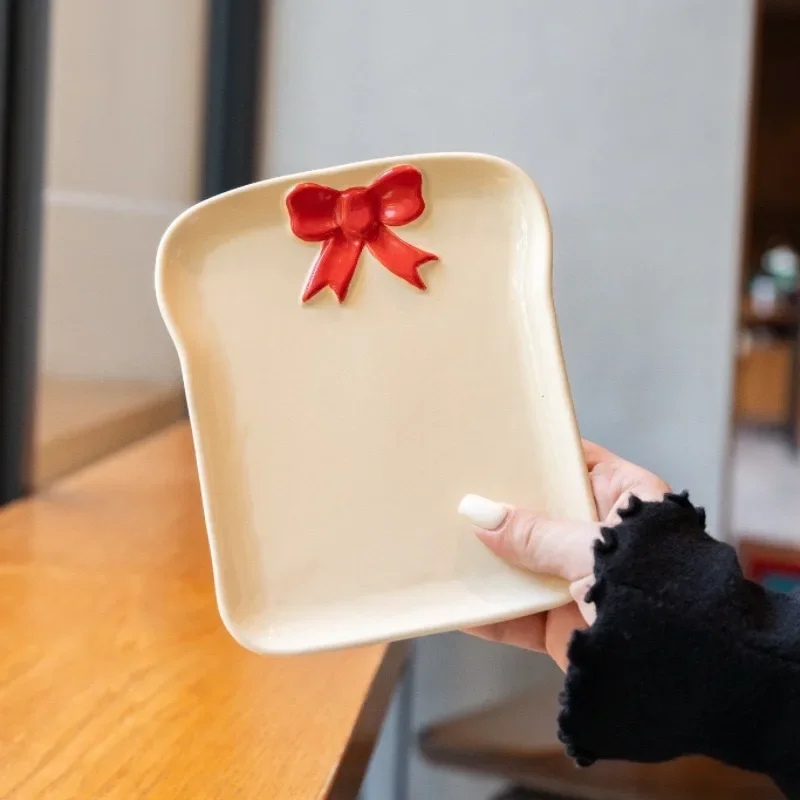 Pink Ceramic Underglaze Bowknot Square Plate - Toast Plate, Afternoon Tea Pastry Dish & Cake/Bread Plate for Daily Dining