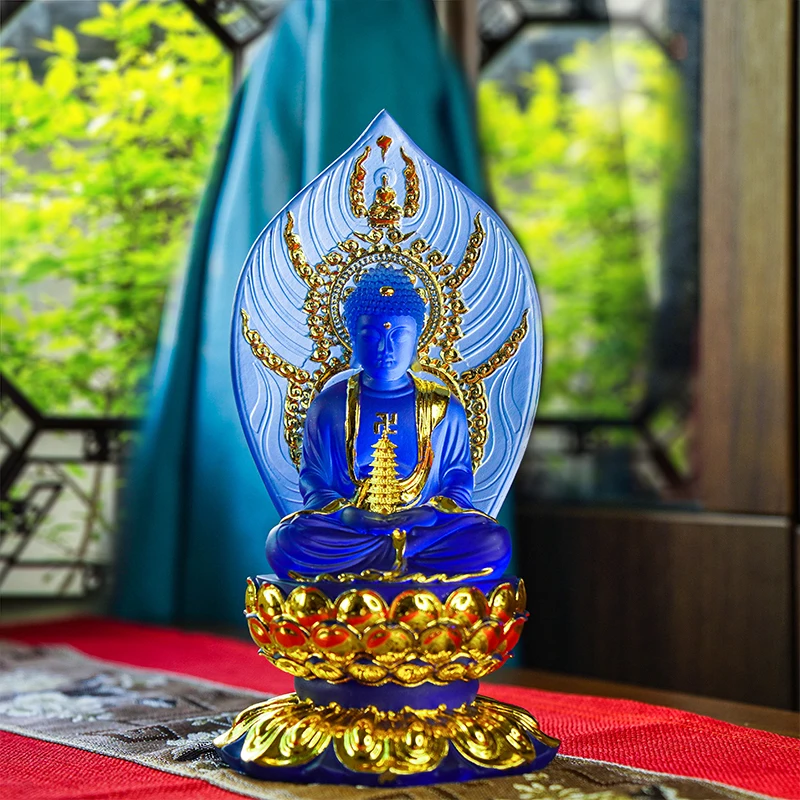 

Exquisite Resin Water Glazed Gold-Finished Medicine Buddha Statue Feng Shui Blessing Home Desktop Decor