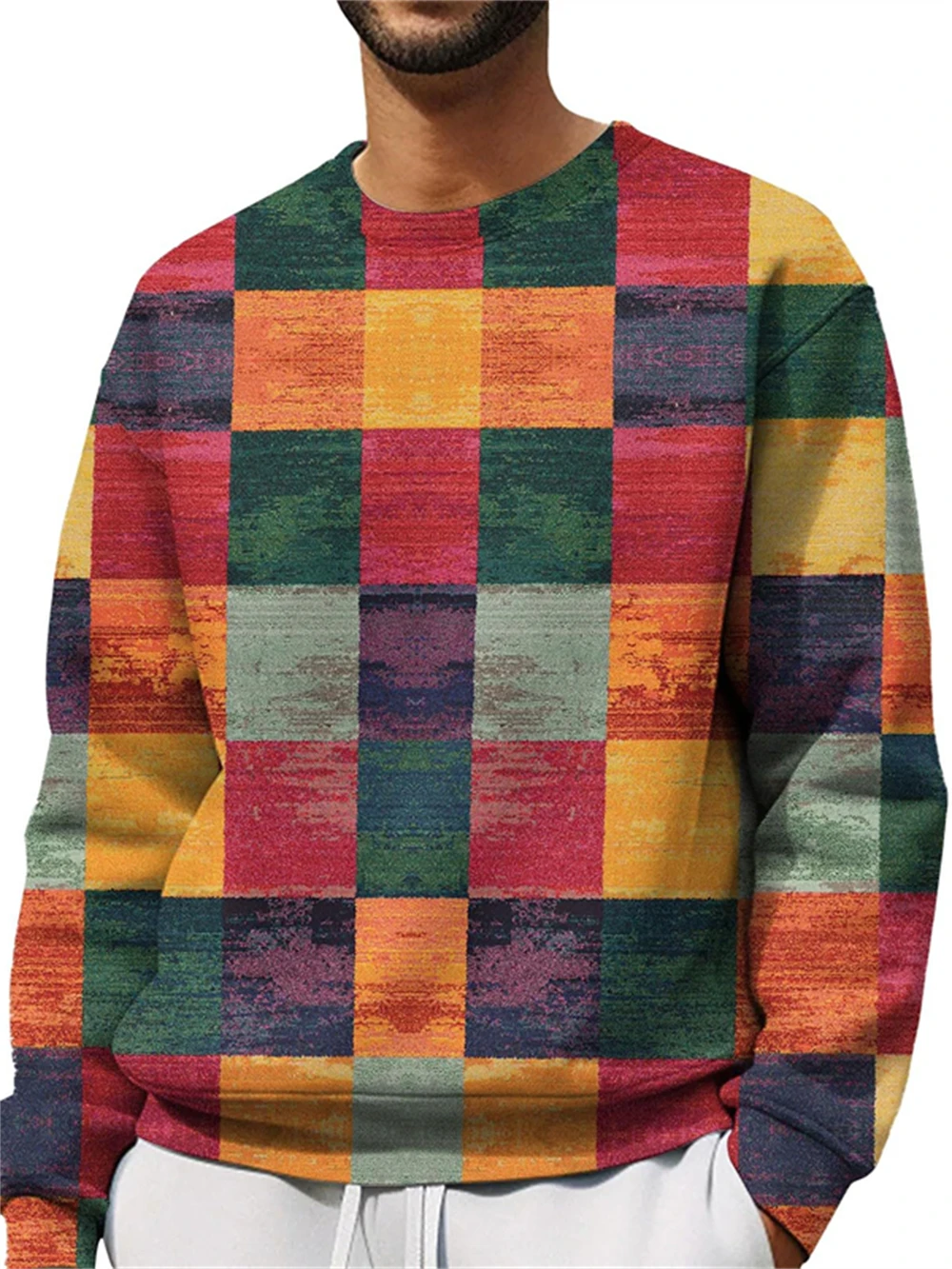 Classic Design Patchwork Pattern Sweatshirt For Men Round Neck Hoodies 3d Printing Polyester Loose Pullover Sweatshirts Tops