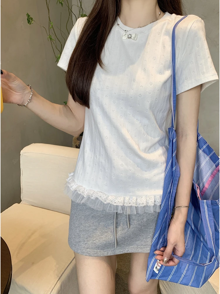 Korean Sle Lace Trim Heart Pattern Knitted ort Sve T-irt Women's Summer Slimming Chic Top Commute Sle Straight Cut