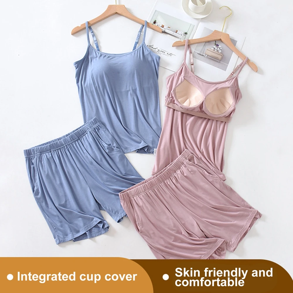 Household Pajamas Set Summer Ladies Solid Color Loose Large Soft Comfort Model Sling+Shorts 2Pcs Sleepwear With Chest Pad