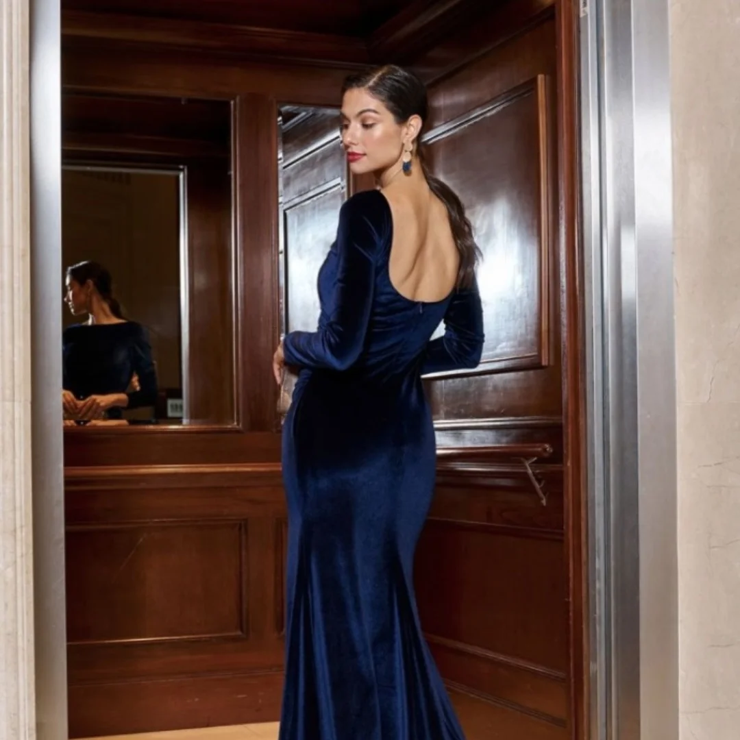 Velvet Boat Neck Long Sleeve Evening Dresses Vintage Pleated High Slit Backless Formal Occasion Dress Elegant Party Gown 2024