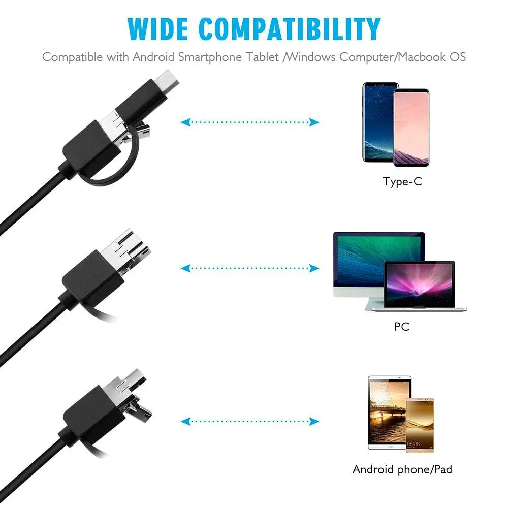 

3in1 Android Endoscope 5.5mm USB Micro USB Type C IP67 Waterproof Car Maintenance Probe Take Photos Record Videos For PC Laptop
