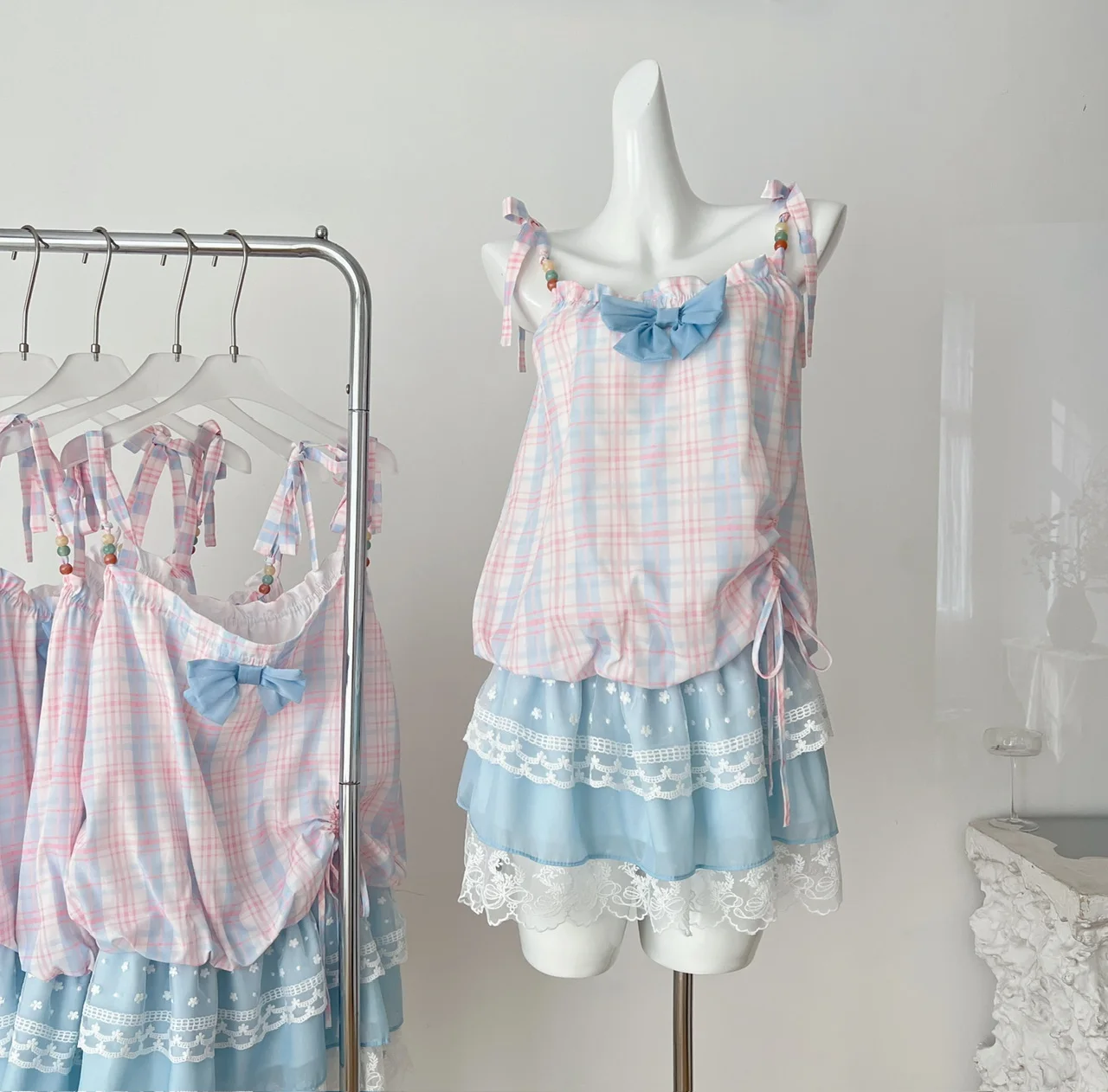 

Summer Women Lace Bow Spaghetti Strap Mini Dress Shoujo Plaid Patchwork Frock Korean Sweet Evening One-Piece Mori Girl Party