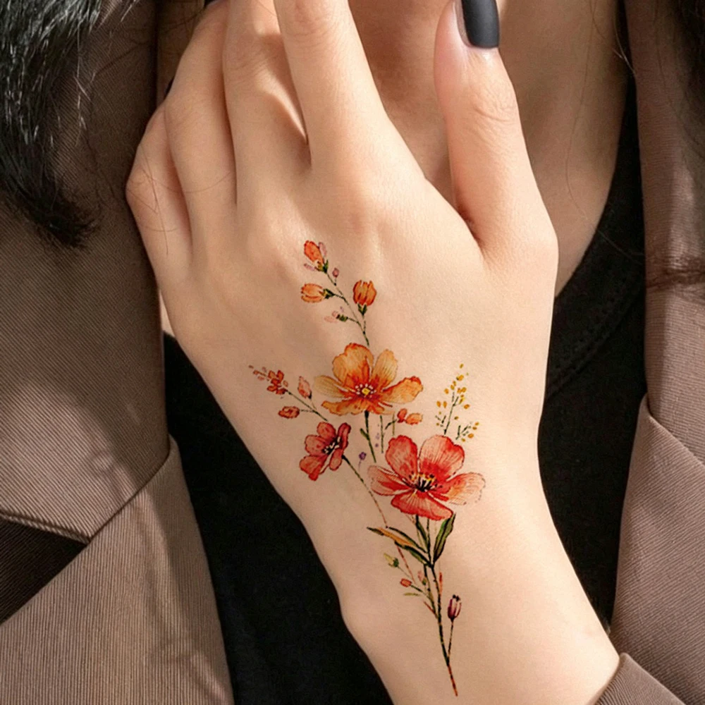 10pcs Floral Tattoo Stickers Waterproof Flowers Lavender Daisies Roses Temporary Tatttoos For Hand, Back Collarbone Body Art