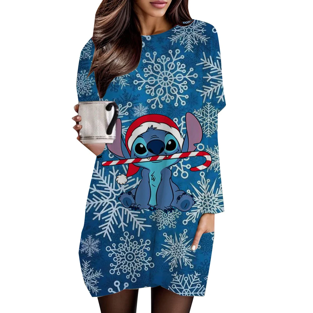Weihnachten lässig Disney Stitch bedrucktes langärmeliges Rundhals-Taschen-T-Shirt Sportshirt Damen-T-Shirt Damen-Top