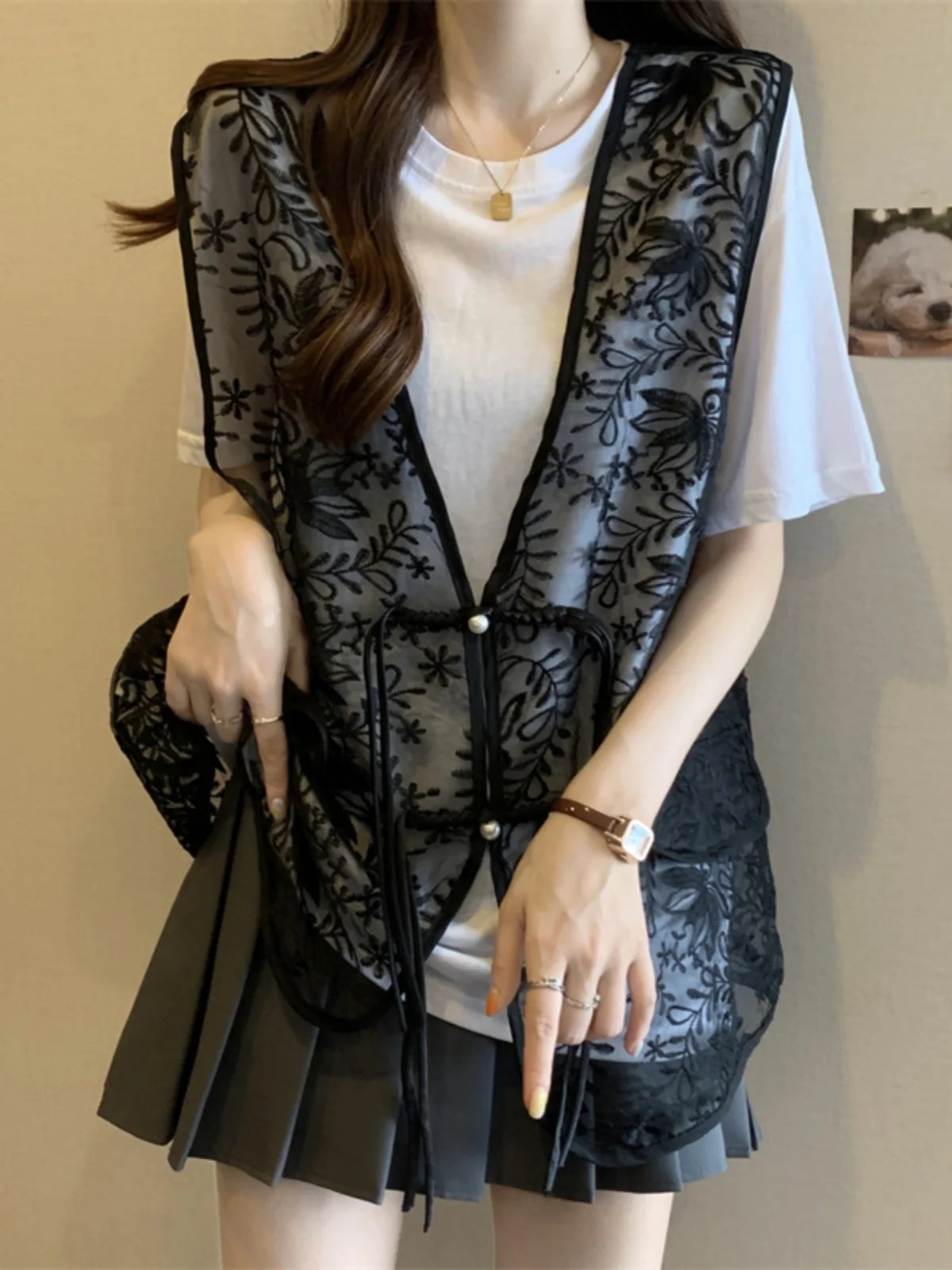 

Ele Lace Hollow out Chinese Sle Vest Jaet Women's Summer High End National Sle Outerwear Vintage Buttoned Top