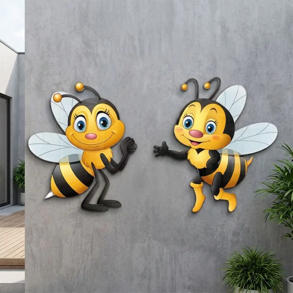 2Pcs 2D Flat Acrylic Cartoon Bee Wall Decor Sun Resistant Rainproof Garden Bee Hanging Plaque Bee Themed Waterproof
