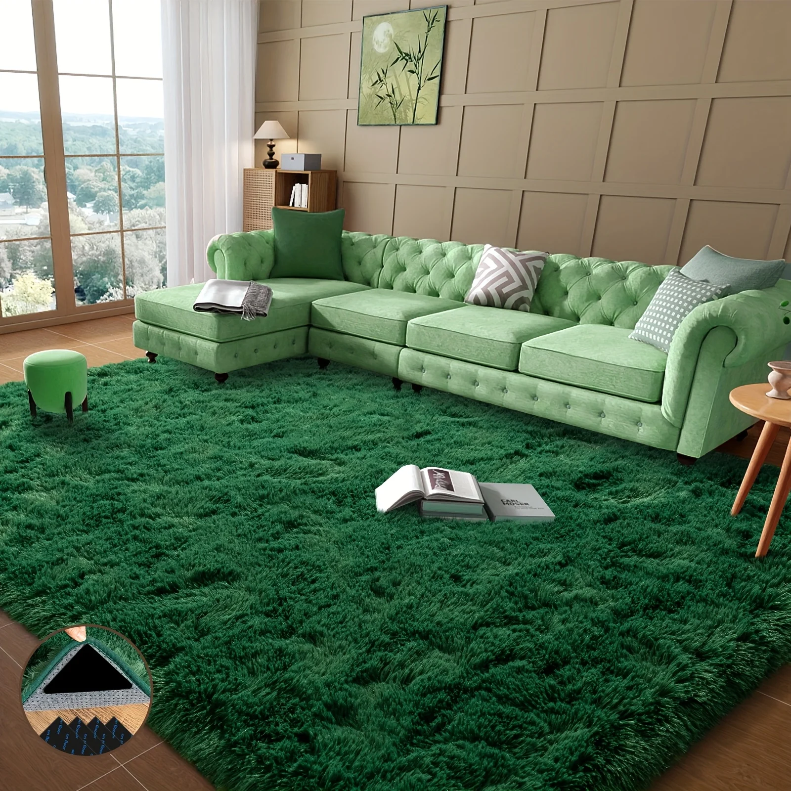 Tapis moelleux doux vert foncé, adapté au tapis de décoration de salon, chambre à coucher, tapis en peluche carré antidérapant amélioré