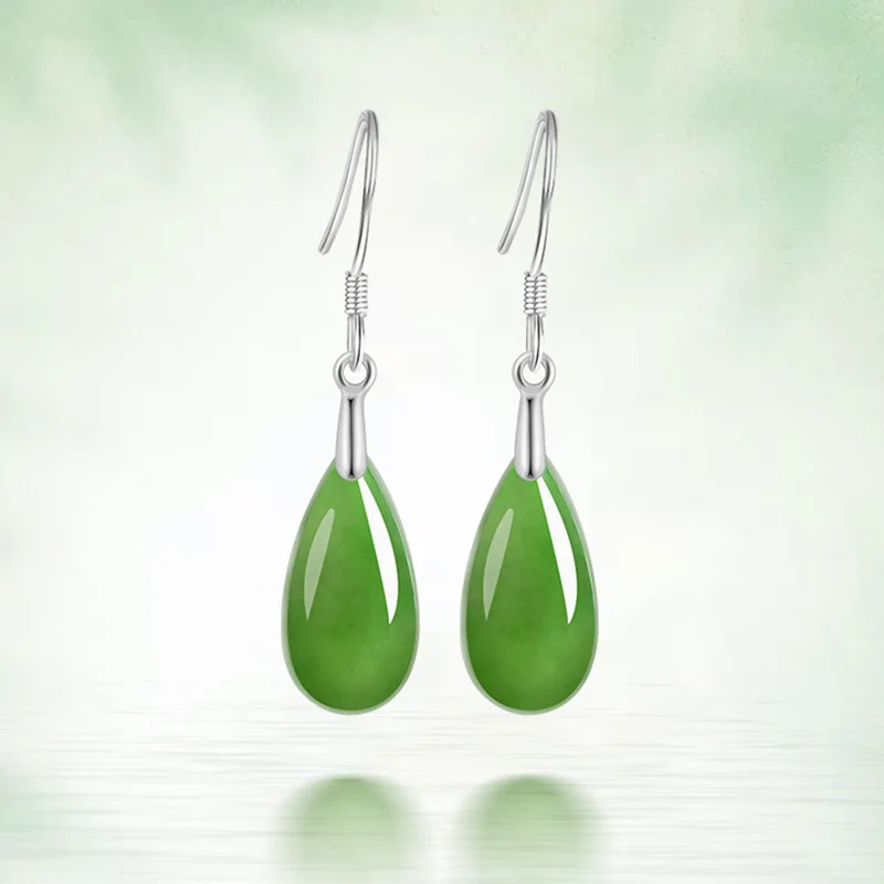 

Old Fashioned Natural Hotan Jade Jasper Water Drop Jadeite Earrings S925 Silver Inlaid High Quality Women's Jewelry Drop Ship