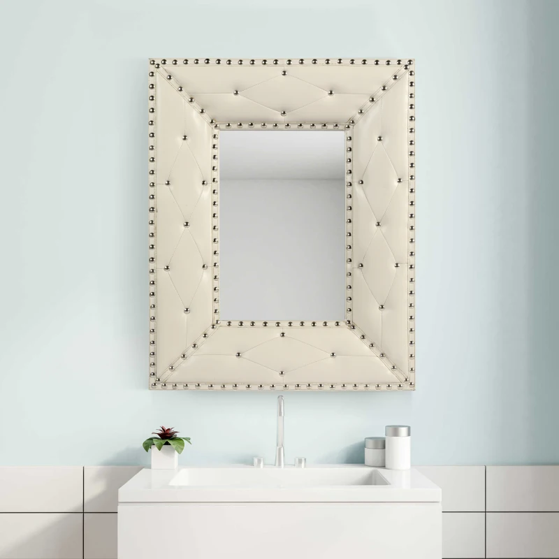 

WHITE Rectangle Decorative Wall Hanging Mirror,Rivet Decoration,PU Covered MDF Framed Mirror for Bedroom Living Room Vanity Entr