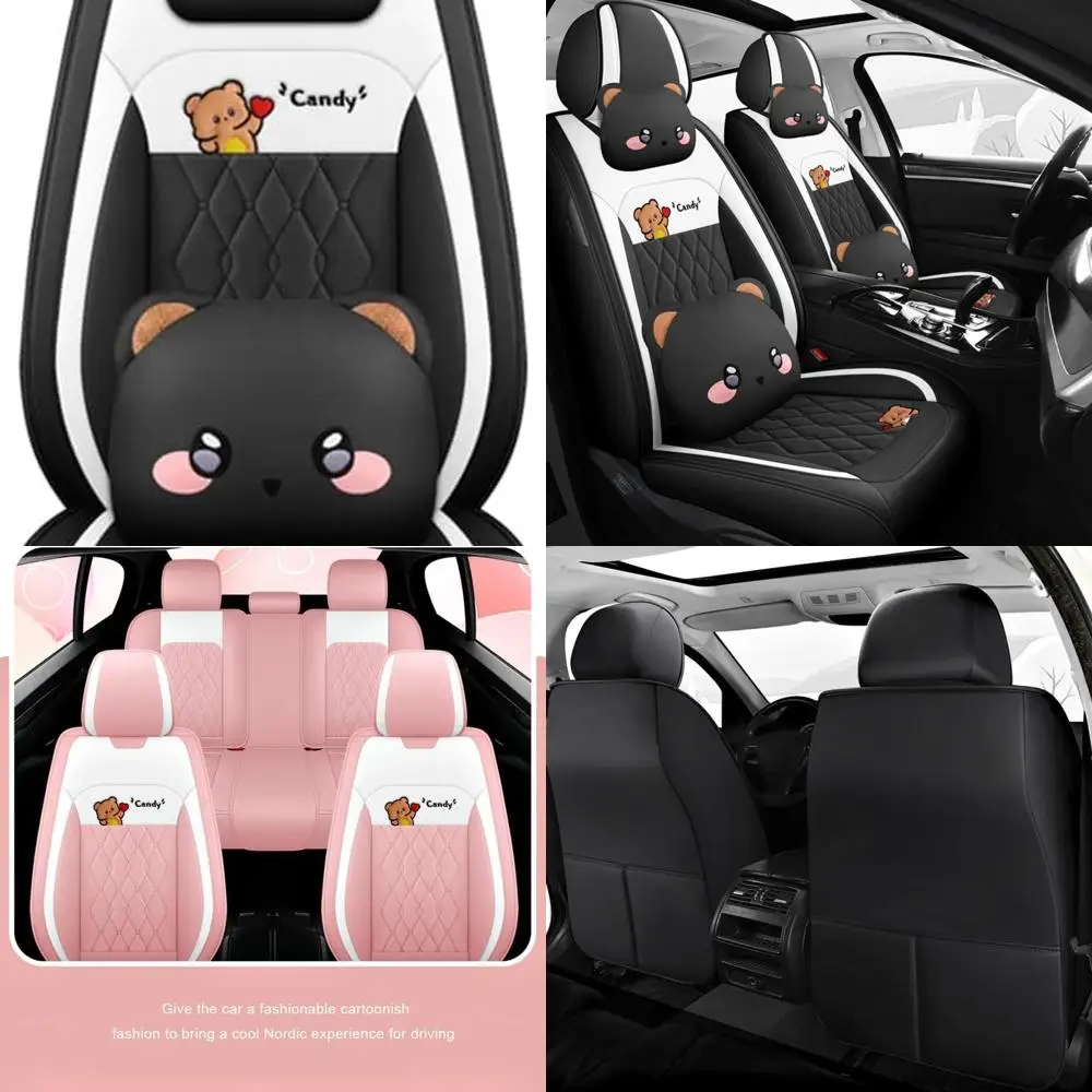 

Чехол на автомобильное сиденье с мультяшным медведем, 5 комплектов для девочек и женщин из искусственной кожи для автомобилей, внедорожников, пикапов, универсальный комплект подходит (черный)