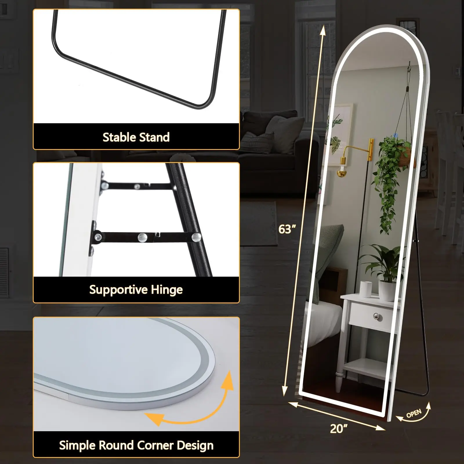 JHK 63"x20" Led Full Length Mirror 3 Color Lighting Dimming Aluminum Alloy Frame Standing Hanging Floor Mirrors For Living Room image 5