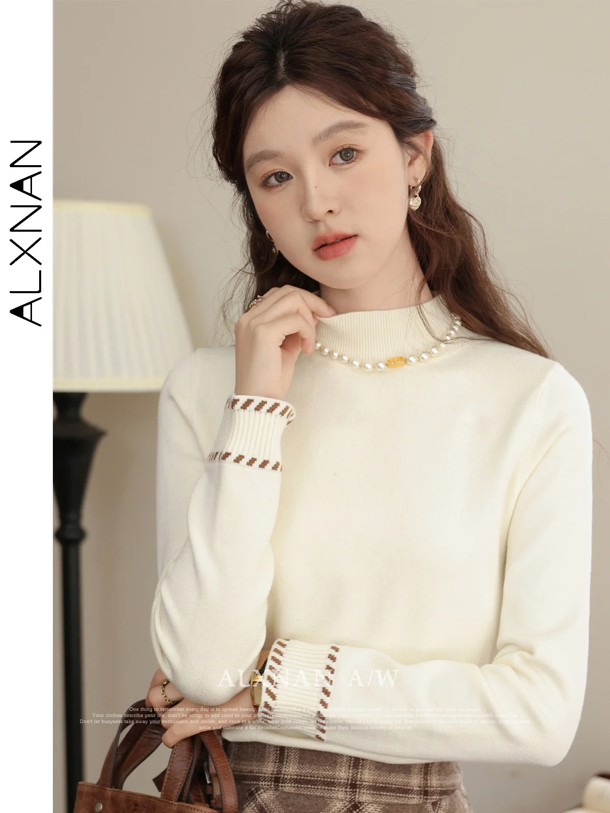 

ALXNAN Women's Apricot Knitted Sweaters Gentle Half High Neck Long Sleeve 2024 Autumn Winter Lady Warm Commuter Jumper LXN32695