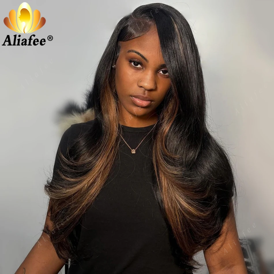 New Trending Black Highlight Caramel Brown Body Wave Wig Drawstring Glueless 13x4 Transparent Lace Frontal Real Human Hair Wig