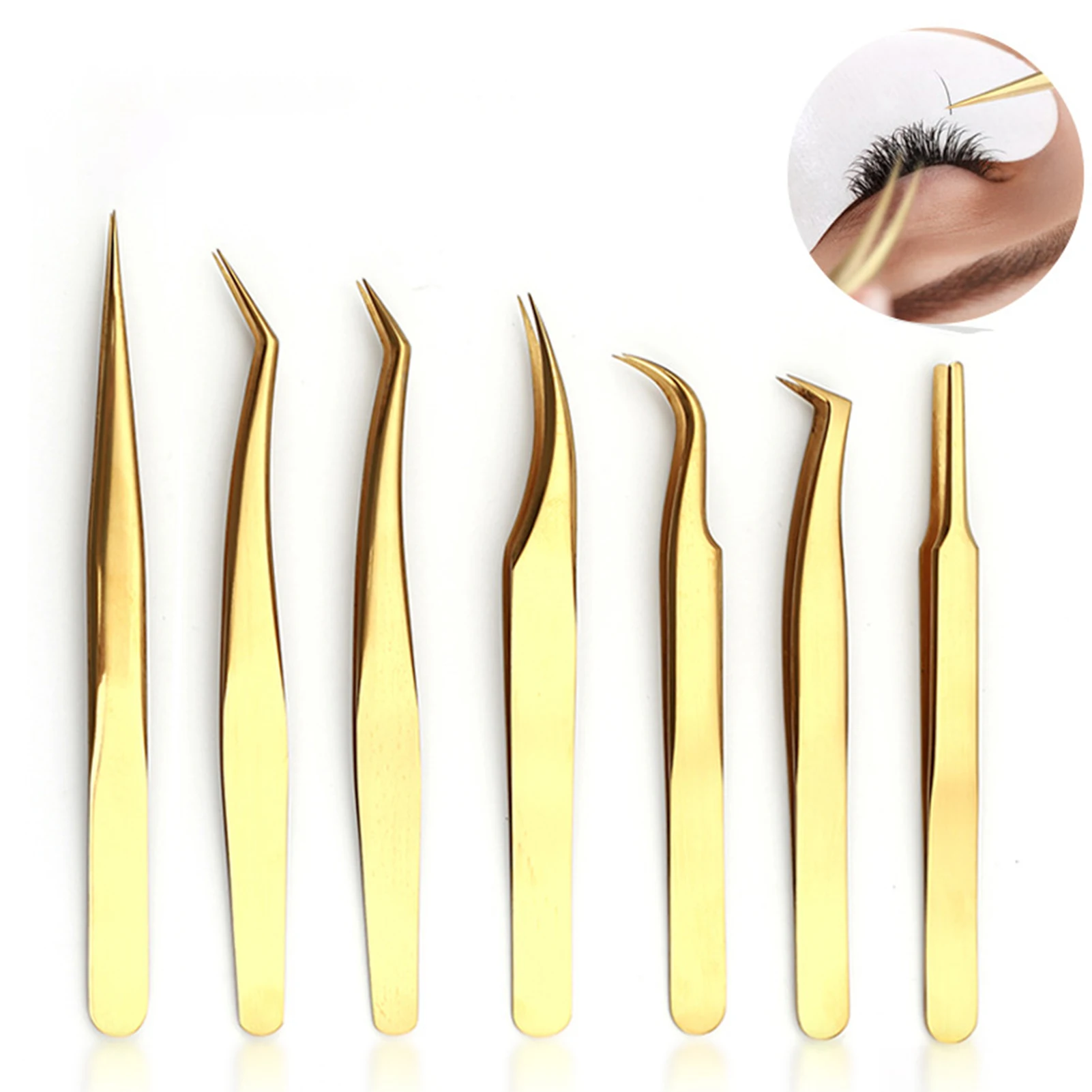 ゴールドカラーのステンレス鋼まつげエクステンションピンセット湾曲したまつげピンセットまつげネイルメイクツール
