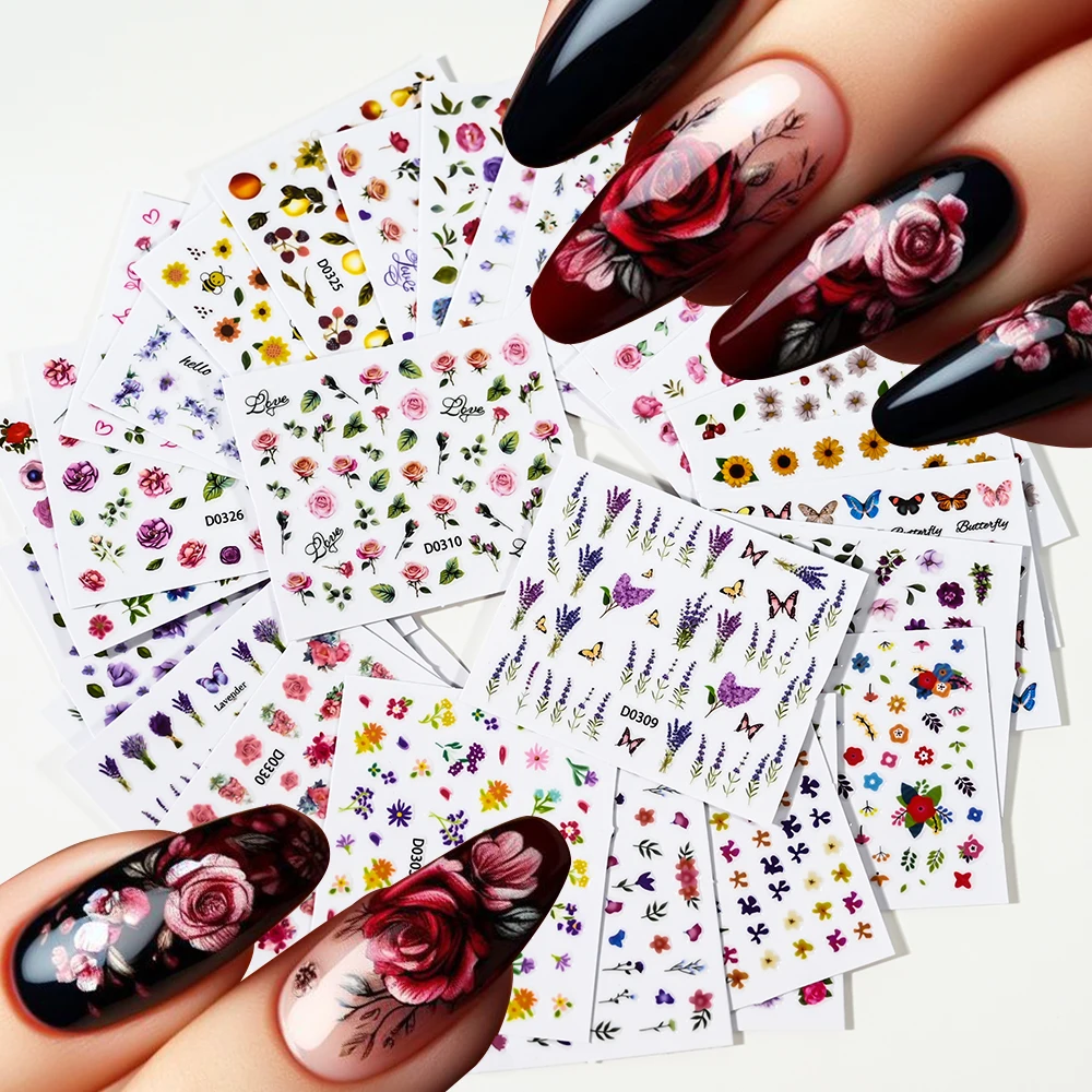 30Pcs Set Flower Butterfly Series Nail Art Sticker Rose/Lavender/Sunflower Plants Floral Nail Decals Y2K Manicure Decoratio Tips