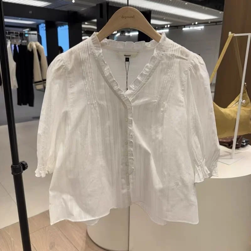 

Elegant V-neck Shirt Women's Spring Summer New Style Fashionable Slimming Cotton Blouse Commute Friendly Half Sleeve Pure Color
