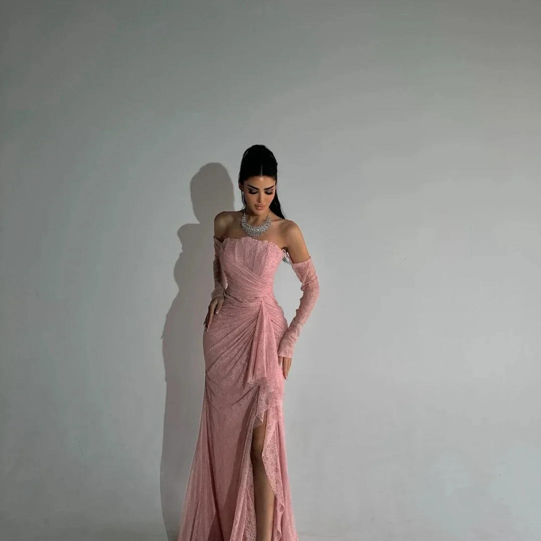 Classic Pink Lace Formal Evening Dress Strapless Pleats Side Slit Long Mermaid Prom Pageant Party Gowns Robe De Soiree Gala