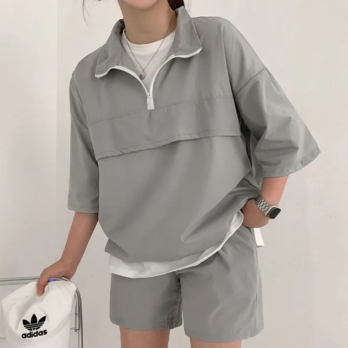 Terno de manga comprida e shorts feminino, conjunto de duas peças, roupa de treino de gola alta, estilo coreano, roupas casuais, verão