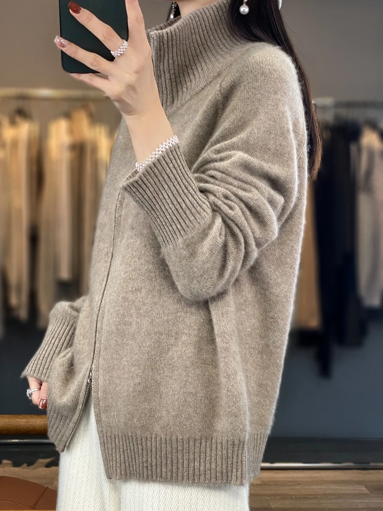 Wool Sweater Cardigan Women Turtleneck Long Sleeve Tops Zipper Fashion Loose Autumn Winter New Knitted Warm Outerwear Cardigan