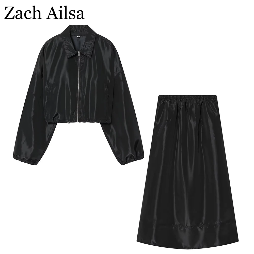 

Осенняя новая женская одежда, простая повседневная короткая куртка с лацканами и длинными рукавами, юбка-миди со средней талией и технологическим эффектом