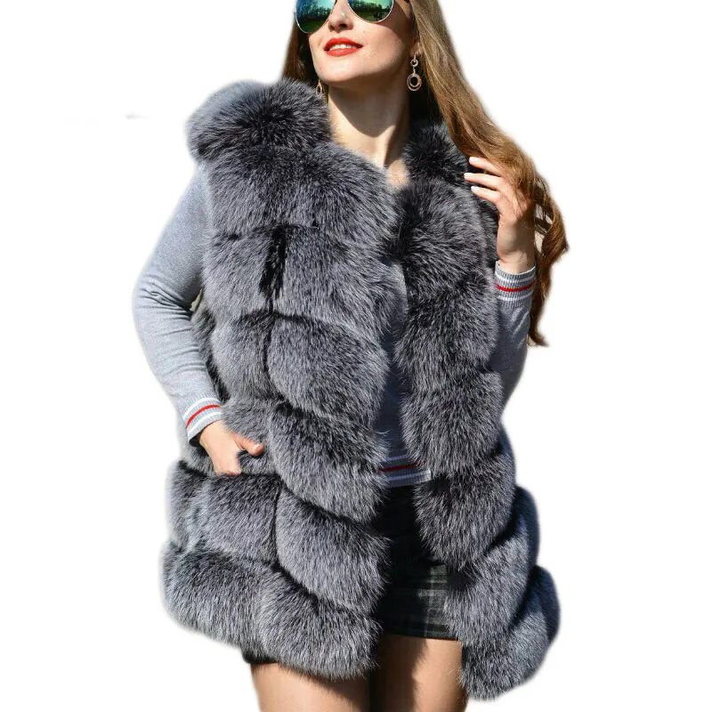 

Faux Sliver Fox Fur Vest Women Winter Fashion Medium Long Artifical Fox Fur Vests Woman Warm Fake Fox Fur Coats Female Ladies