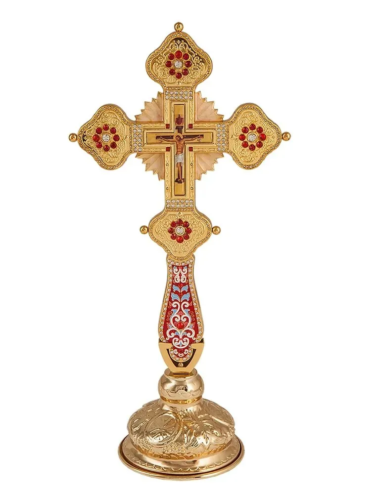 Vergoldetes Orthodoxes Standkreuz mit Emaille- und Kristalleinlage und Kruzifix-Ikone, Hochwertiges Kirchenaltar-Kreuz für Liturgie und spirituelle Zwecke – Detail 3