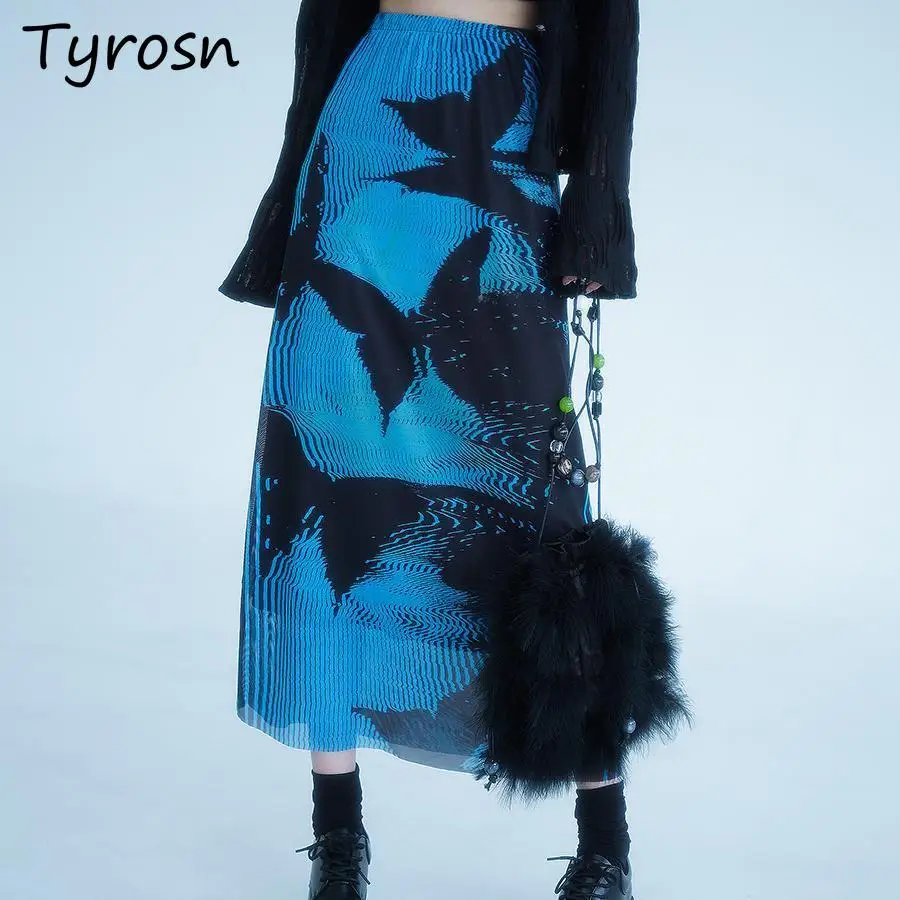 

Gothic Pleated Skirts Women Blue Saia Black Butterfly Print High Waist Y2k Korean Style High Street Vintage Summer Fashion Chic