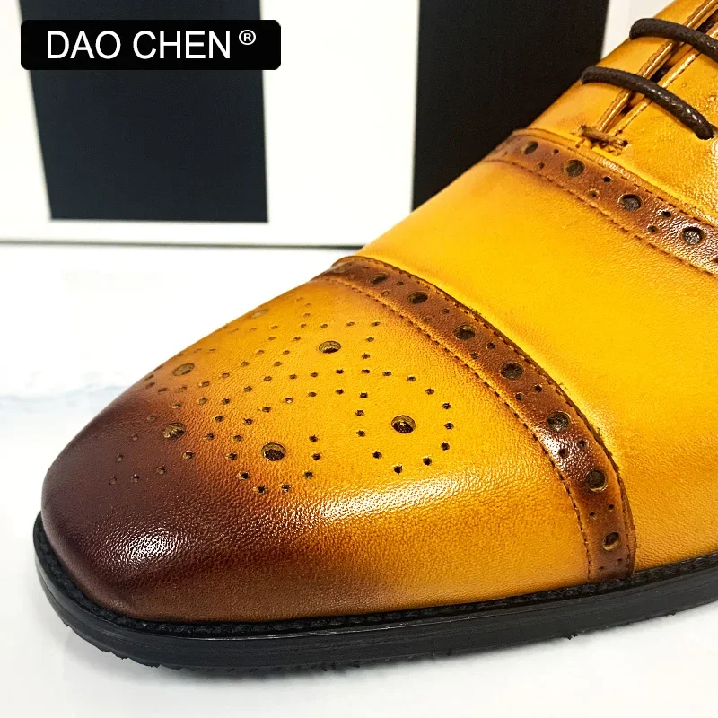 LUXURY BRAND MEN\'S OXFORD SHOES BLACK YELLOW LACE UP BROGUE CAP TOE CASUAL MENS DRESS SHOES OFFICE WEDDING LEATHER SHOES