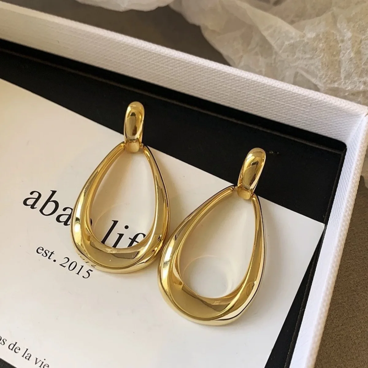 

Gold Plated Teardrop Hoop Drop Earrings for Women Minimalist Hollow Waterdrop Jewelry Gif