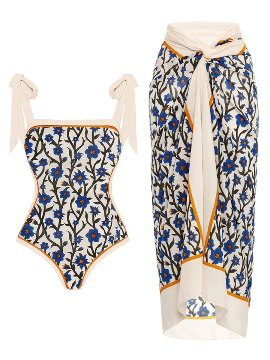 Women Swimwear Floral Swimsuit Two-piece set Summer Print Bodysuit Bikini Set Beach Style Wear Maxi Dress Skirt Beach Dresses