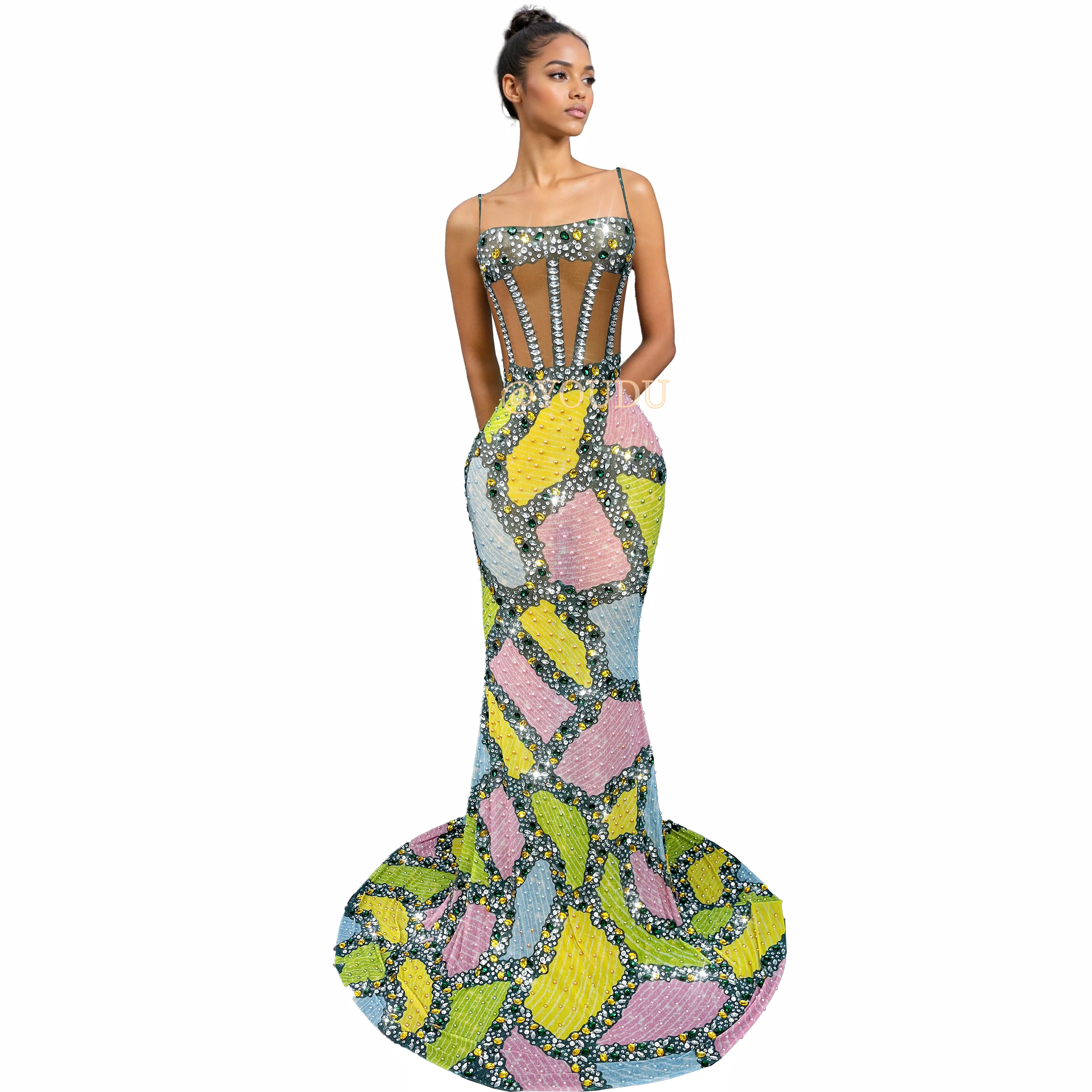 

Luxury Shining Rhinestones Designed Pearls Suspenders Trailing Dress Evening Prom Gown Red carpet Show Stage Outfit Duocaipingtu